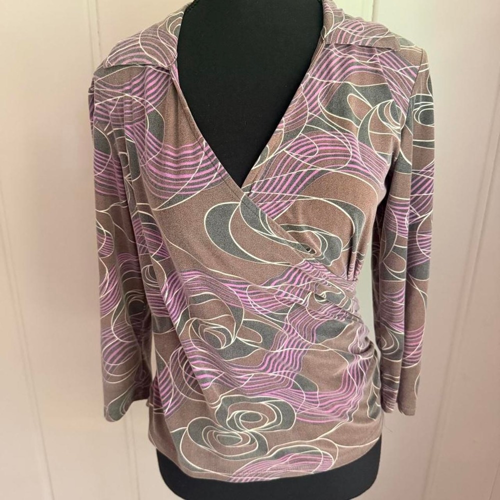 Brown pink abstract swirl quarter sleeve faux wrap top Y2K office core blouse
